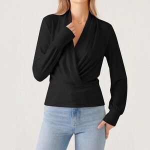 OGL Women XS Black Top Eco-Mousse Long Sleeve Draped Surplice Tuckable Blouse